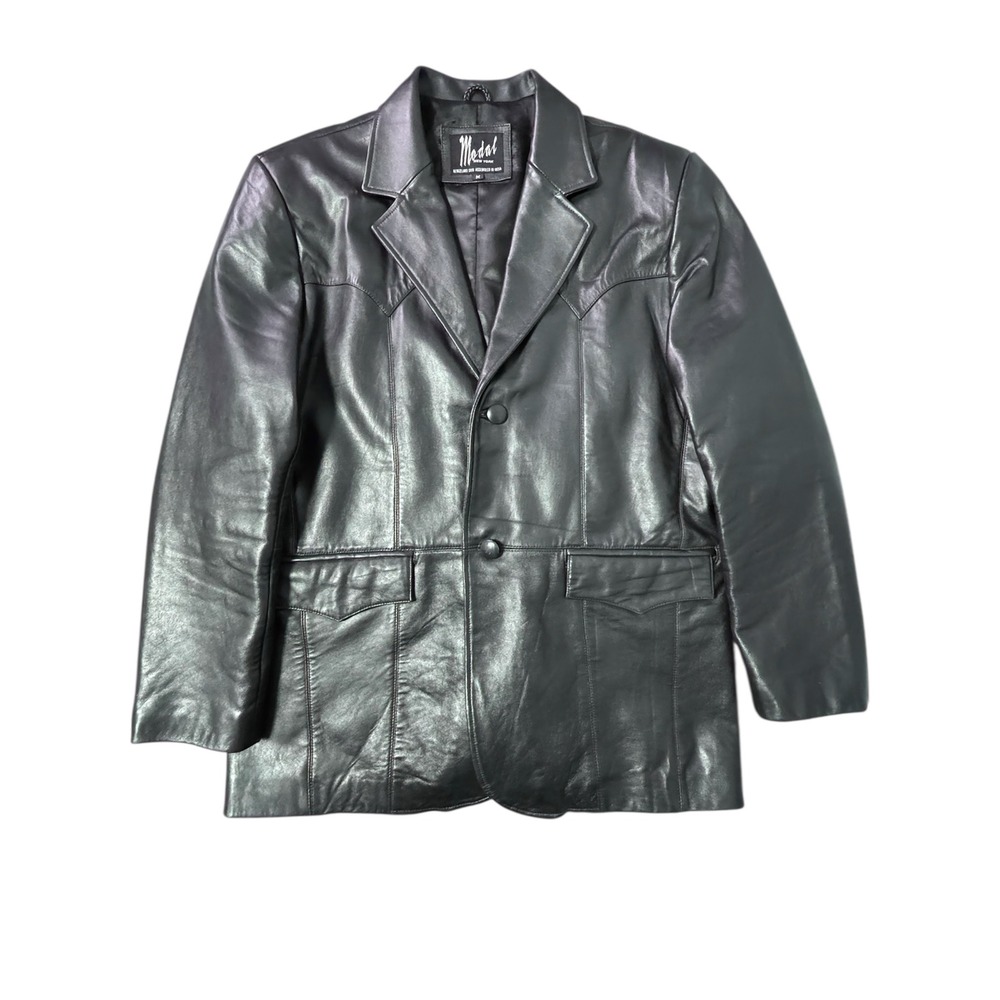 Modal New York Mens Black Leather Western Blazer Jacket Coat Lined Size Medium